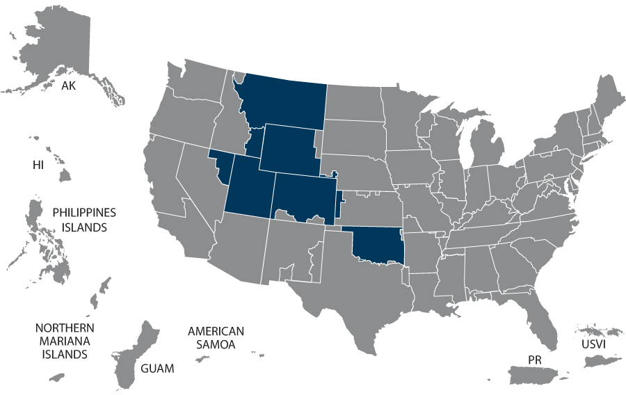 U.S. map highlighting the VISN 19 states of Colorado, Idaho, Kansas, Montana, Nevada, New Mexico, Oklahoma, Utah, Wyoming, and Texas.