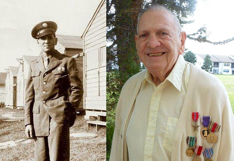 Old photo of a man in uniform next to the same man, now elderly