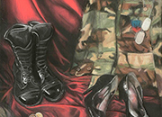 Detail of a painting featuring military boots and high heels
