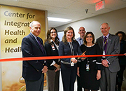 L-R: Chief of Staff Kent Crossley, Chief Experience Officer Martina Malek, nurse practitioner Judy Wagner, Chief of PM&R Mike Armstrong, nurse practitioner Laurie Kubes and Director Patrick Kelly