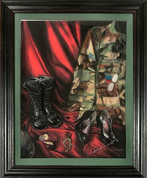 Painting of a military uniform, military boots and high heel shoes