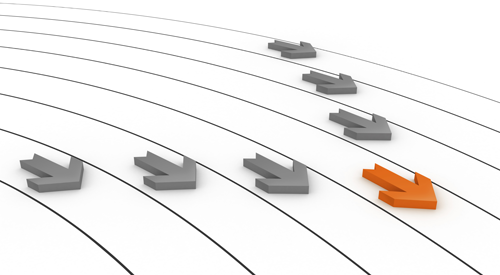 Seven arrows on a track moving forward - the middle (orange) arrow leading