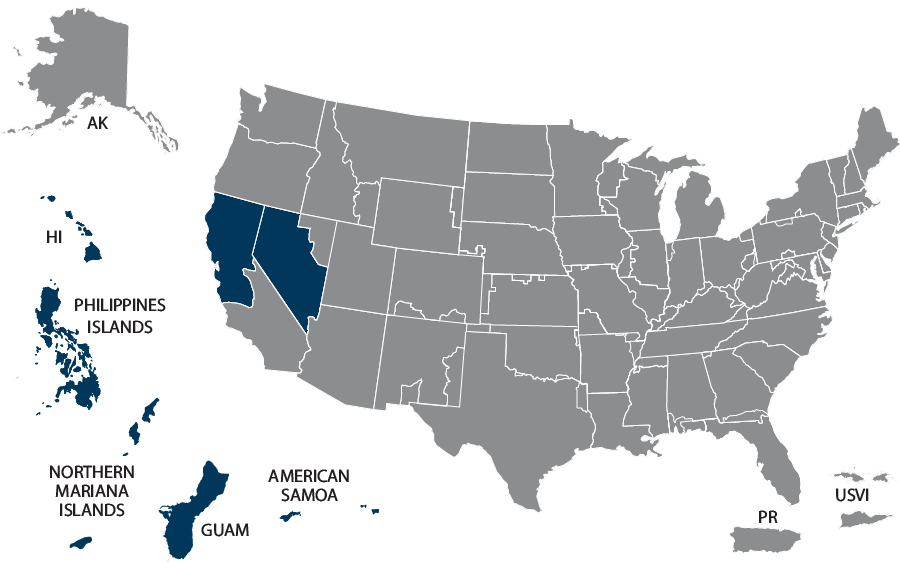 U.S. map highlighting VISN 21: American Samoa, California, Guam, Hawaii, Nevada, and the Northern Mariana Islands.