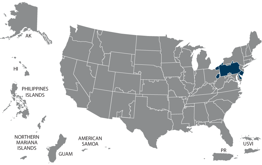 U.S. map highlighting the VISN 04 states: Deleware, New Jersey, New York, Ohio, Pennsylvania, and West Virginia.