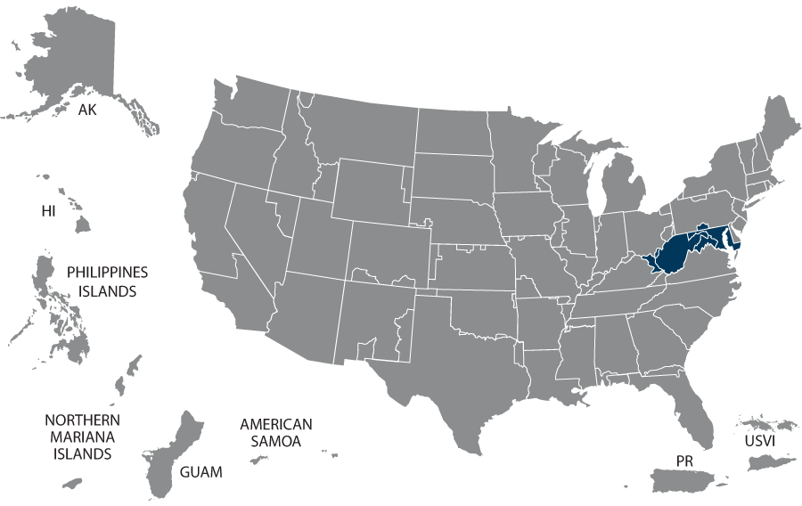 U.S. map highlighting the VISN 05 states: Kentucky, Maryland, Ohio, Pennsylvania, Washington, DC, and West Virginia.