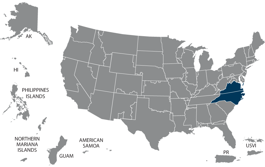 U.S. map highlighting the VISN 06 states of North Carolina and Virginia.