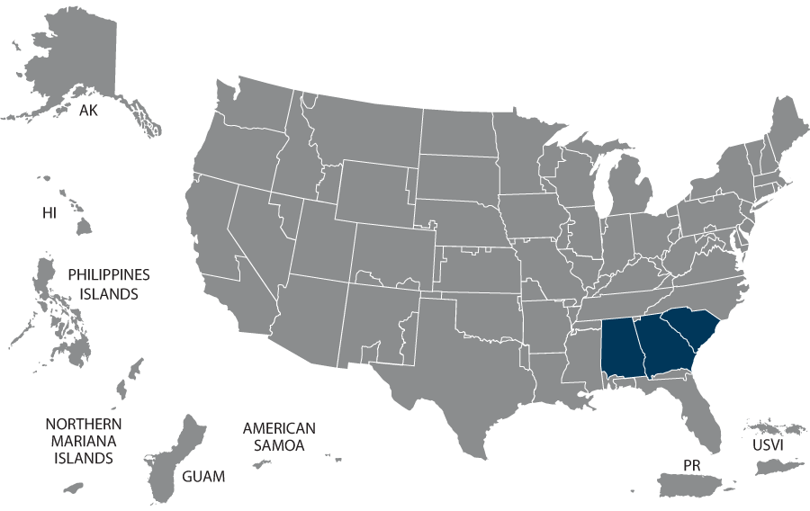U.S. map highlighting the VISN 07 states of Alabama, Georgia, and South Carolina.