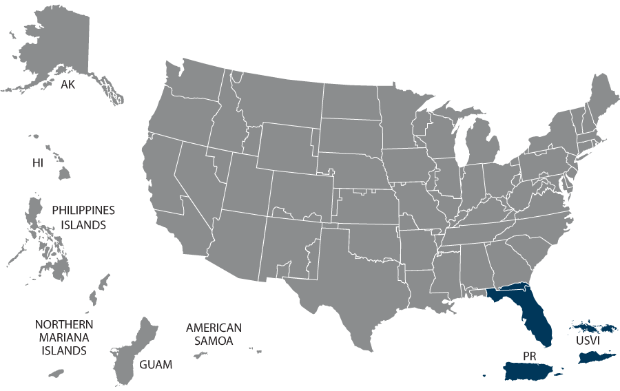 U.S. map highlighting VISN 08 states and territories: Florida, Georgia, Puerto Rico, and the US Virgin Islands