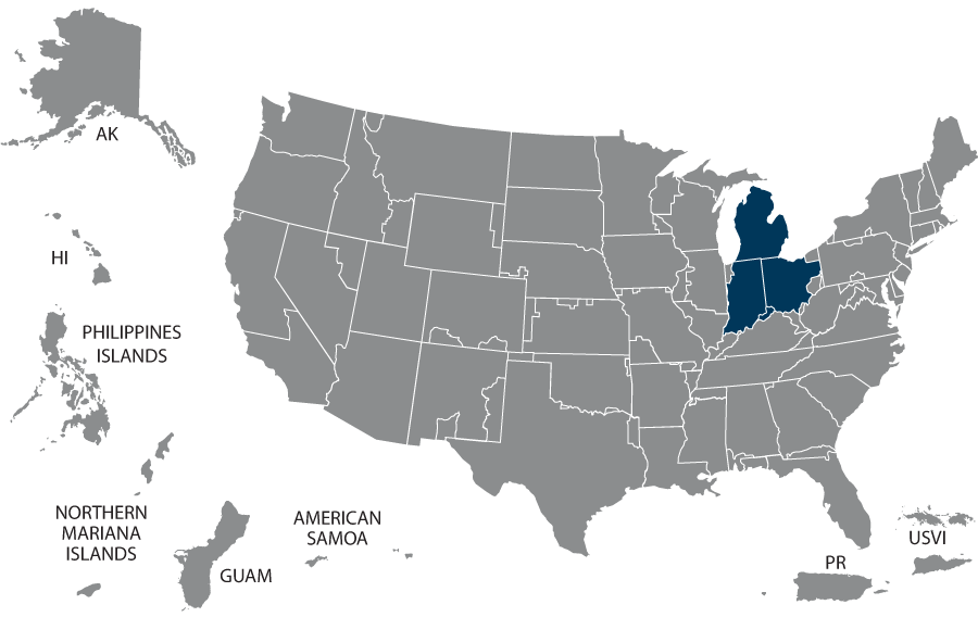 U.S. map highlighting the VISN 10 states of Indiana, Kentucky, Michigan, and Ohio.