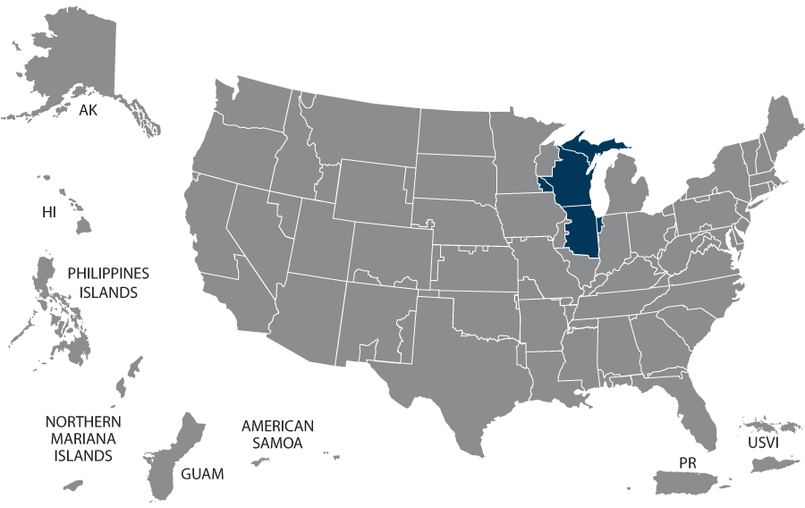 U.S. map highlighting the VISN 12 states of Illinois, Indiana, Michigan, and Wisconsin.