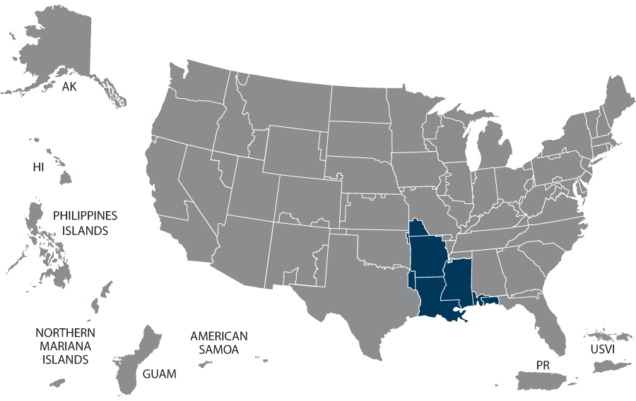 U.S. map highlighting VISN 16 states: Alabama, Arkansas, Florida, Louisiana, Mississippi, Missouri, Oklahoma, and Texas.