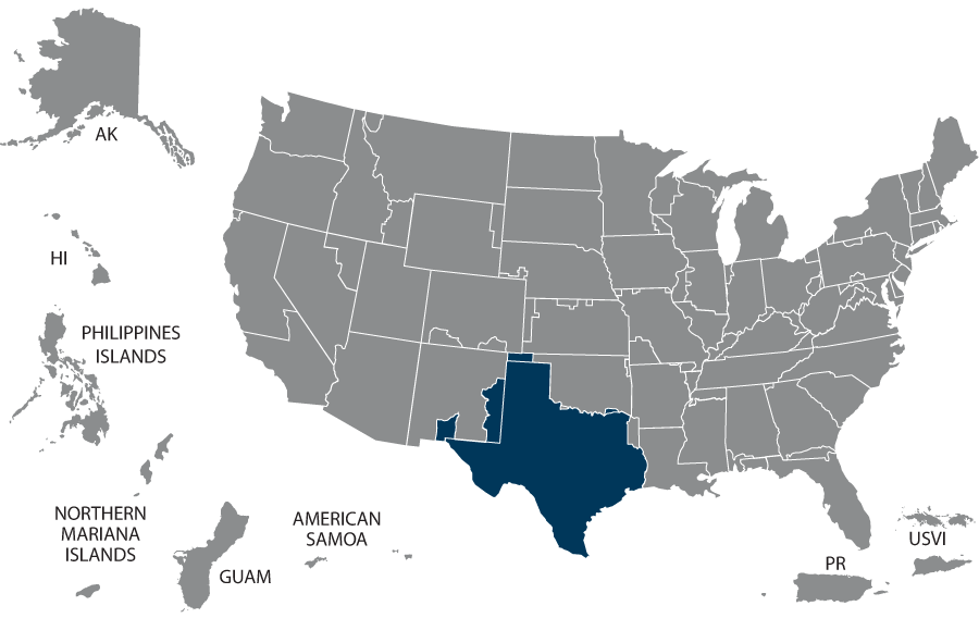 U.S. map of the VISN 17 states: New Mexico, Oklahoma, and Texas.
