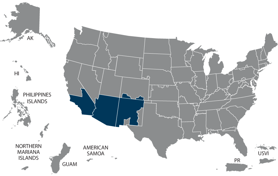 U.S. map highlighting the VISN 22 states: Arizona, California, Colorado, and New Mexico.