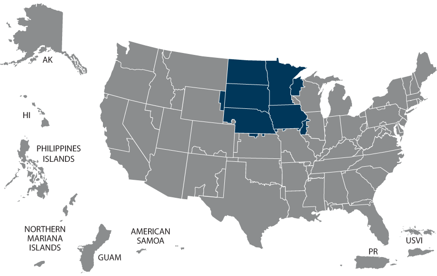 U.S. map highlighting the VISN 23 states of Illinois, Iowa, Kansas, Minnesota, Missouri, Nebraska, North Dakota, South Dakota, Wisconsin, and Wyoming.