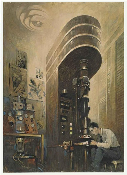 Electron Microscope and Operator depicted in the Industrial Machine Age style