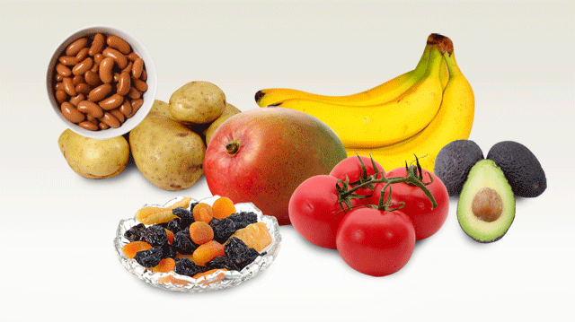 foods that contain potassium: bananas, beans, tomatoes, avocado, dried fruit
