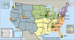 map of U.S. showing VA transplant centers in the various regions of the country