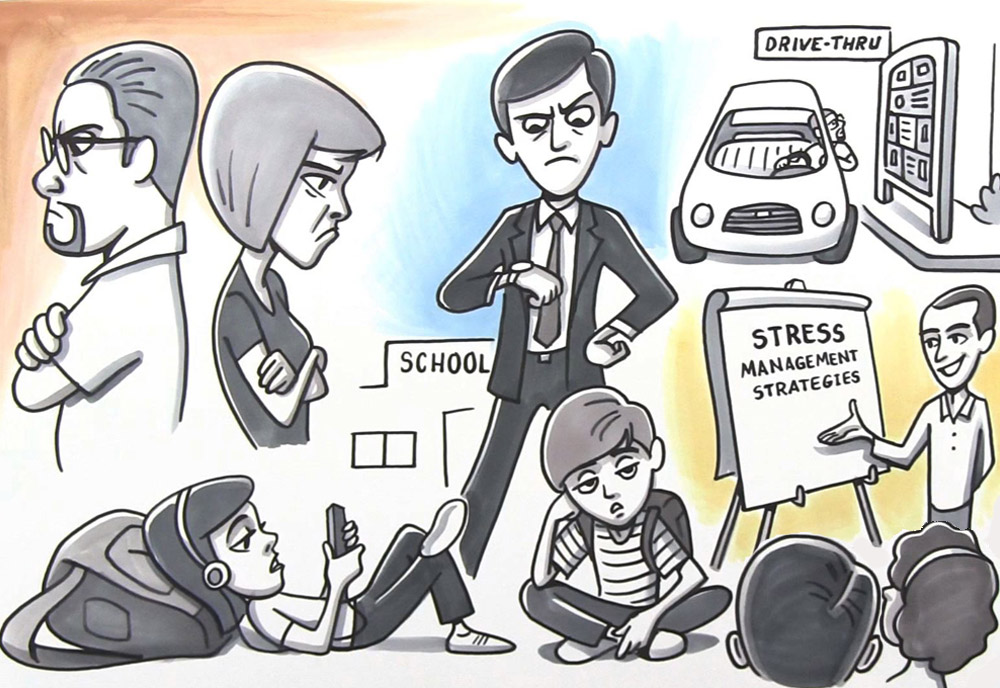 Cartoon of people stressed out, with another group at a stress management workshop