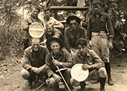 FC Vincent Savarino, bottom right corner, with members of the 8th Field Artillery, Battery A on a beach in Oahu, Hawaii in 1935