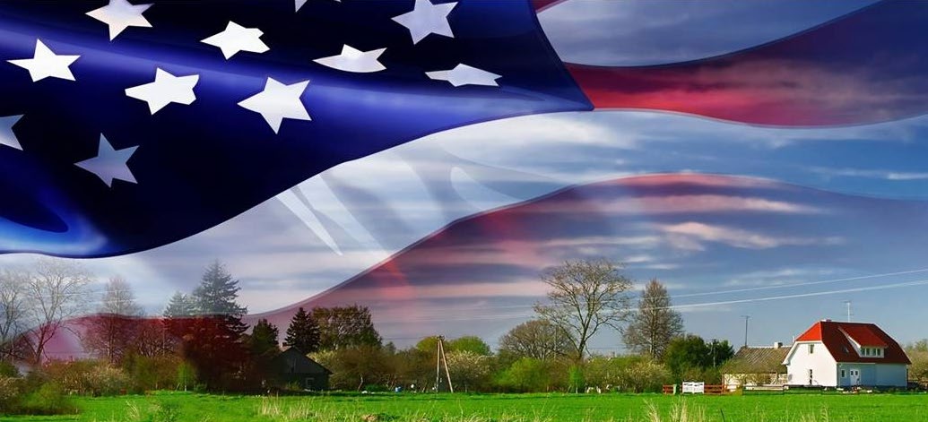 U.S. flag and rural farm scene