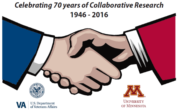 Research Week 2016 promotional image showing a handshake, with VA and University of Minnesota logos.