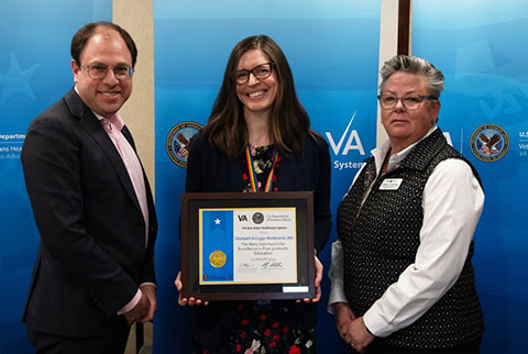 Pictured from left to right,
Associate Chief of Staff for Education Dr. Andrew Shuman (left) and Healthcare System Director Dr. Ginny Creasman (right) presented Dr. Elizabeth Scruggs-Wodkowski (center) with the 2024 Mary East Award for Excellence in Post-graduate Education.