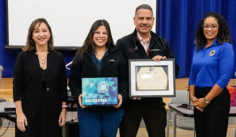 Pictured from left to right, Designated Education Officer Dr. Maricarmen Cruz, MD; Stephanie Colón-Marrero, MD, holding award; Pulmonary and Critical Care Training Program Director William Rodriguez, MD, holding award; Nabori Benitez, Education Specialist
