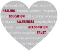 Image depicting a red heart with the words Healing, Education, Awareness Recongnition and Trust