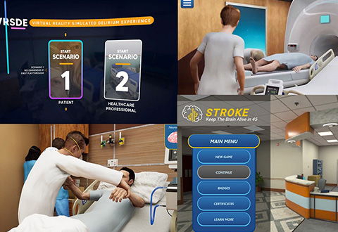 Video game medical personnel helping a patient bedside and putting a patient in a machine along with a main menu of the video game. 