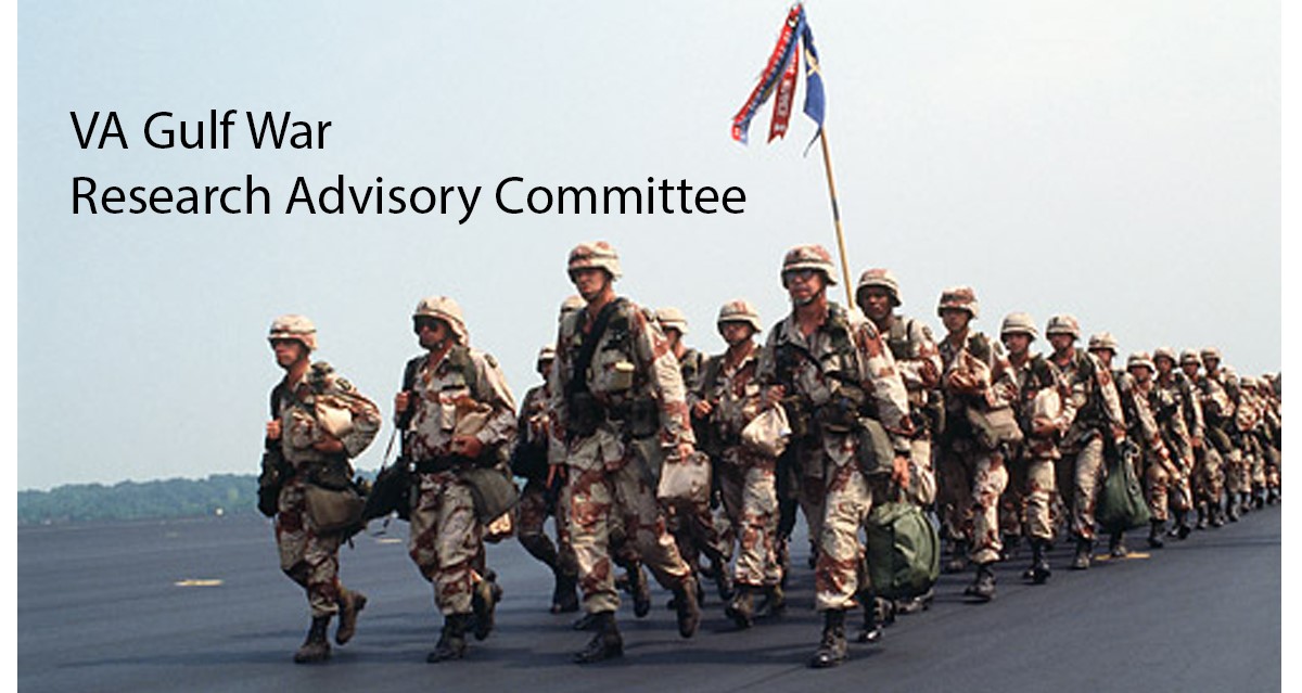 Military personnel marching with the words VA Gulf War Research Advisory Committee on the top.