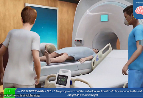 Clinical staff treating a patient in an MRI machine from the STROKE game-based learning module.