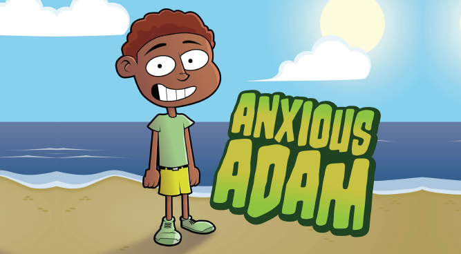 An illustrated character in shorts and a t-shirt smiles nervously on a beach with the title 