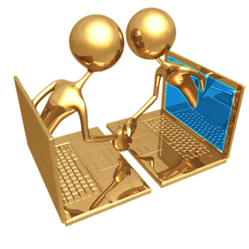 Two juxtaposed gold laptops with one gold avatar emerging from each screen shaking hands.