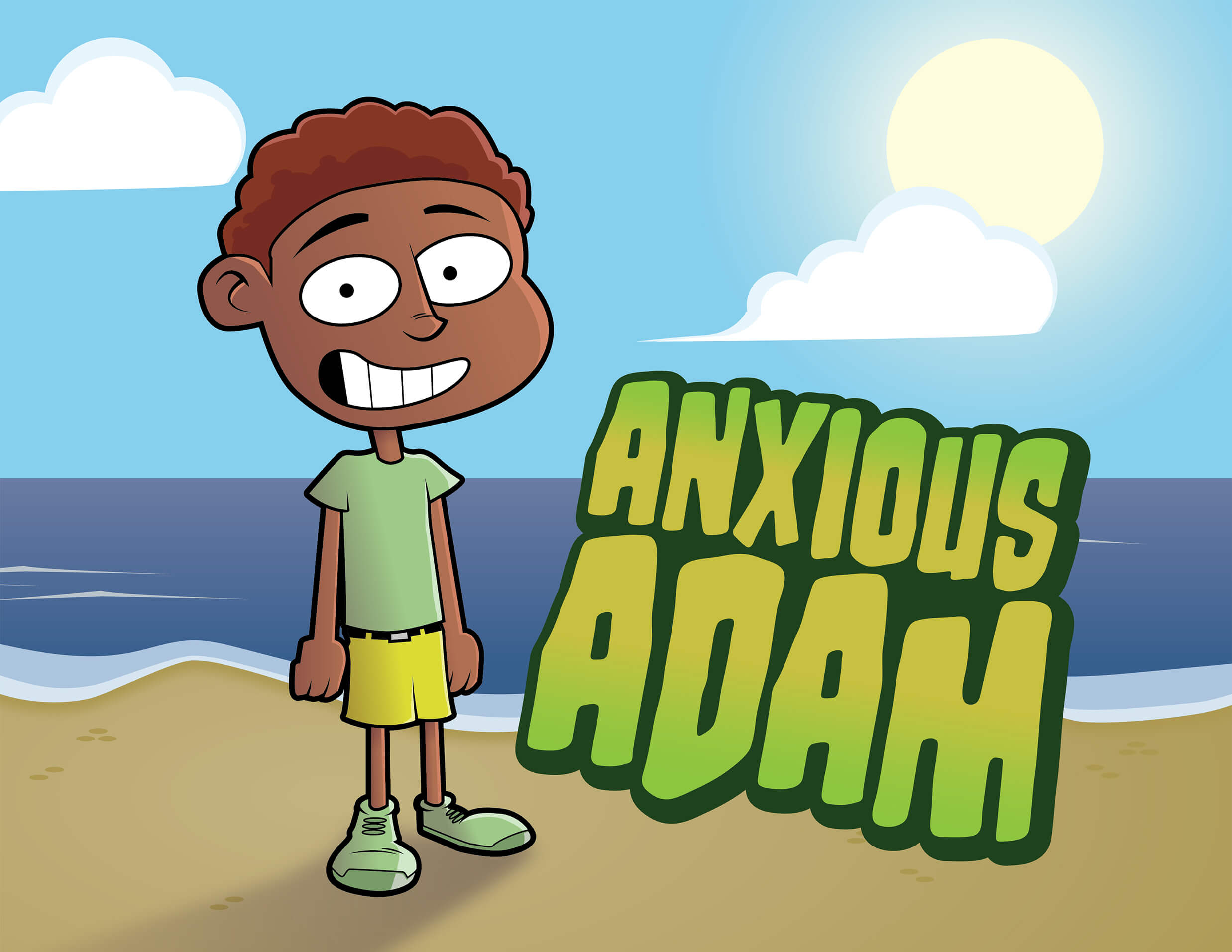 Illustration of Anxious Adam wearing shorts and a t-shirt on the beach.