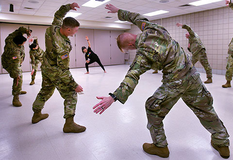 National Guard trainees participate in a short yoga class, led by Chuna Rai-Nelson, yoga instructor, Central Arkansas VA.