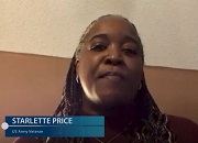 Woman in maroon shirt speaking to camera with name displayed Starlette Price Army Veteran