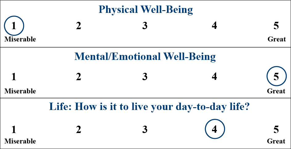 On a scale of 1-5 (with 1 being miserable and 5 being great), Erin rates her physical well-being as a 1, her mental/emotional well-being as a 5 (great) and her day-to-day life as a 4.