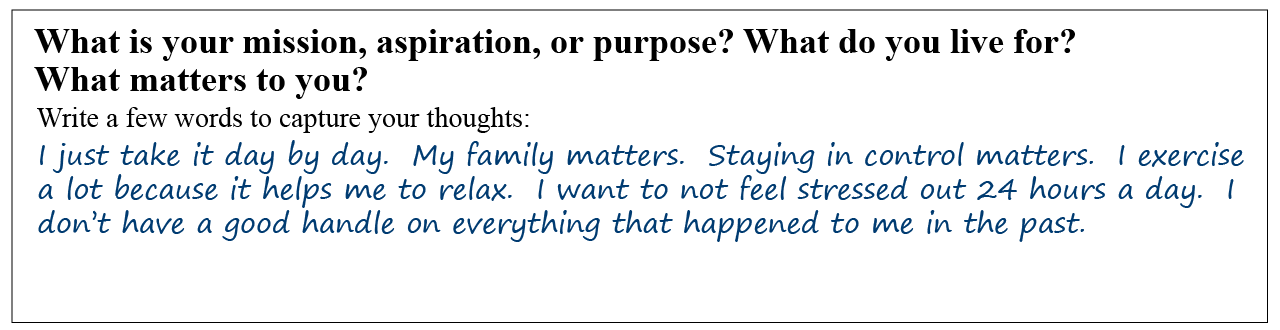 Question: What is your mission, aspiration, or purpose? What do you live for? What matters to you? Write a few words to capture your thoughts: Answer: I just take it day by day. My family matters. Staying in control matters. I exercise a lot because it helps me to relax. I want to not feel stressed out 24 hours a day. I don't have a good handle on everything that happened to be in the past.