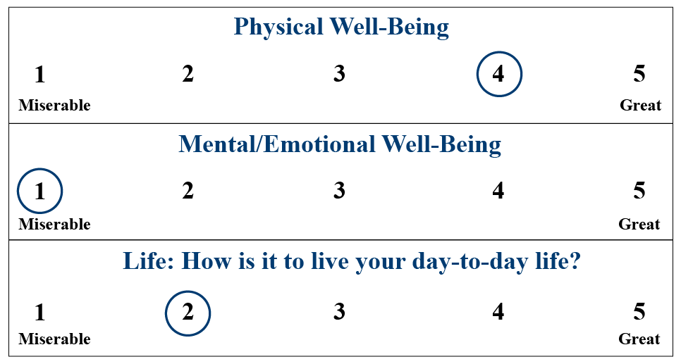 On a scale of 1-5 (with 1 being miserable and 5 being great), Linda rates her physical well-being as a 2, her mental/emotional well-being as a 1 (miserable) and a her day-to-day life as a 2.