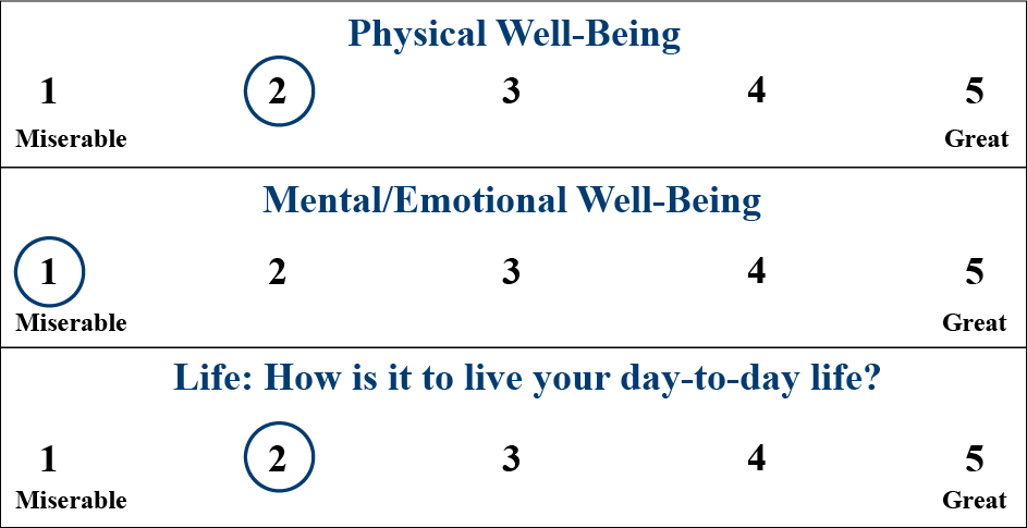 On a scale of 1-5 (with 1 being miserable and 5 being great), Eric rates his physical well-being as a 2 (not good), his mental/emotional well-being as a 1 and a his day-to-day life as a 2.