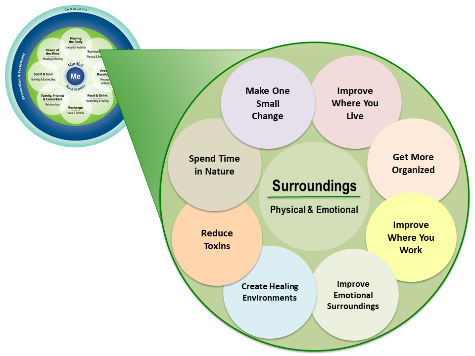 Eight subtopics surround the Self-Care header of Soundings (Physical and Emotional). Those subtopics include: Improve Where You Live, Get More Organized, Improve Where You Work, Improve Emotional Surroundings, Create Healing Environments, Reduce Toxins, Spend Time in Nature, and Make One Small Change.