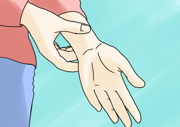 Drawing of the right hand thumb taking the pulse of the left hand wrist.