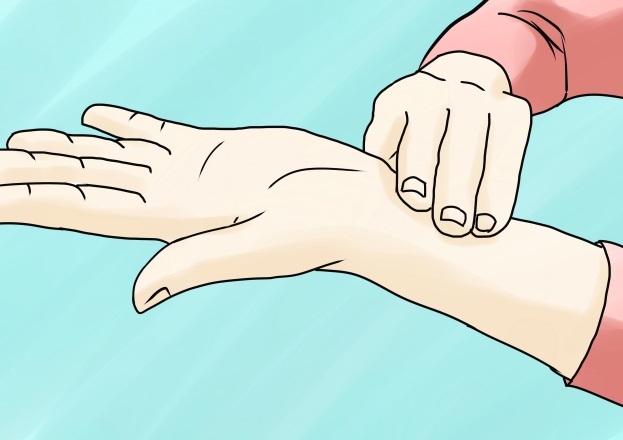 Drawing of left arm in the foreground palm up with the right hand taking the pulse of the left wrist using the first three fingers of the right hand.