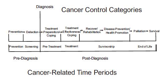 Linear graph containing information on Cancer Control Categories labeled along the top and Cancer-Related Time Periods along the bottom from Prevention Screening to Pre-Treatment, Treatment, Survivorship and ending at End of Life.