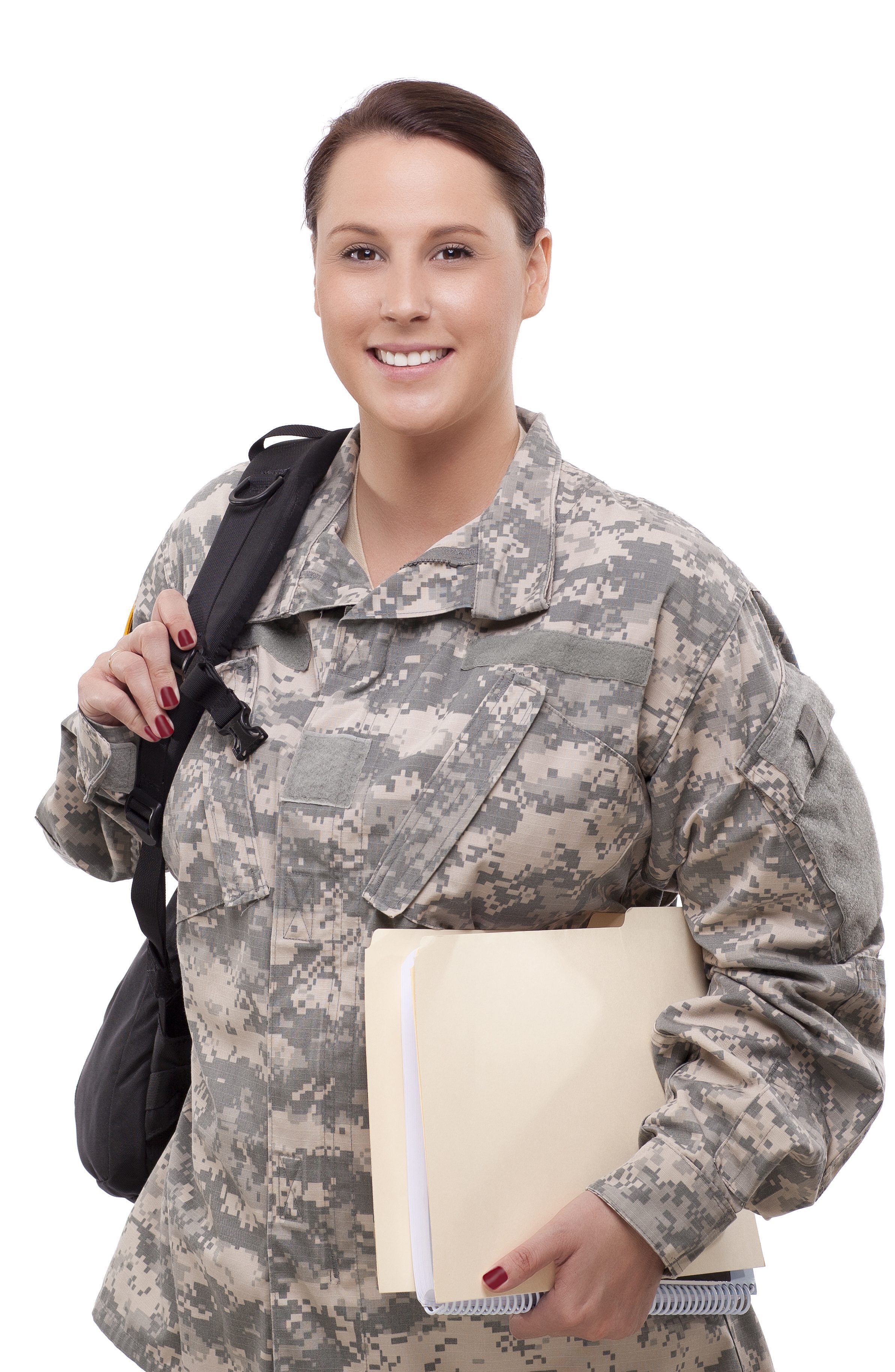 Caucasian female solder in gray fatigues wearing a backpack and holding a manila folder.