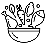 An icon of healthier foods (chicken, vegetables, fruit, fish) going into a bowl.