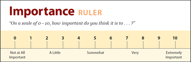 An importance ruler, which asks, on a scale of 0 to 10, how important do you think it is to perform the activity? There is a ruler below, with marks every integer from 0 to 10. 0 is not important at all; between 2 and 3 is a little; 5 is somewhat; between 7 and 8 is very; 10 is extremely important.