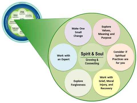 Six subtopics surround the Self-Care header of Spirit and Soul (Growing and Connecting). Those subtopics include: Explore Values, Meaning and Purpose, Consider if Spiritual Practices are for You, Work with Grief, Moral Injury, and Recovery, Explore Forgiveness, Work with an Expert and Make One Small Change.