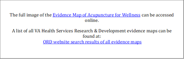 The full image of the Evidence Map of Acupuncture for Wellness can be accessed online. 
A list of all VA Health Services Research & Development evidence maps can be 
found at:
 ORD website search results of all evidence maps
