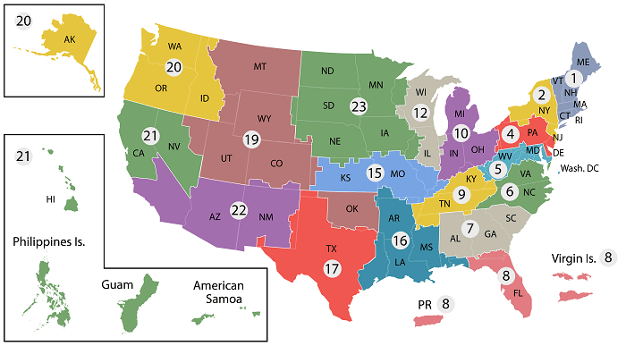 Map of the United States and Regions of the 